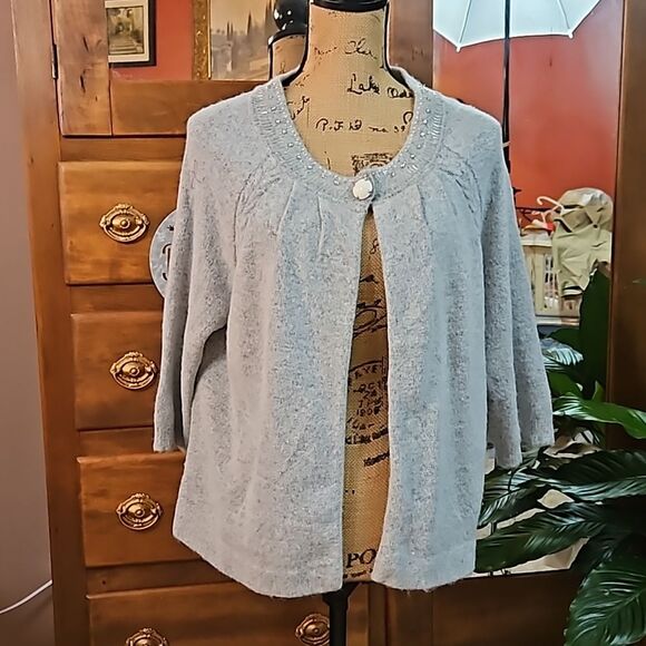 Gray beaded neckline open front sweater size Large - Picture 2 of 11